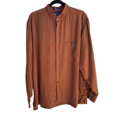 Paul Fredrick Mens Mandarin Collar Rust Silk Button-Up Sport Long Sleeve Shirt XL