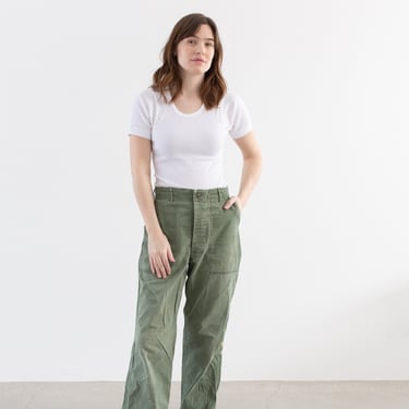 Vintage 26 27 28 Waist Olive Green Army Pants | Unisex Herringbone Twill Utility Fatigues Military Trouser | Button Fly | F489 