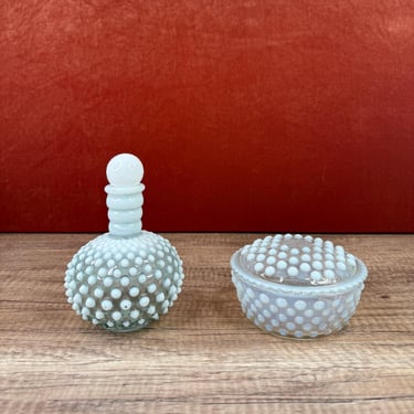 Fenton Glass Moonstone White Hobnail Vanity Set Raised Dots Opalescent Powder Box Perfume Cologne Bottle 