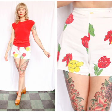 1940s Red & Yellow Cotton Shorts - 23w 
