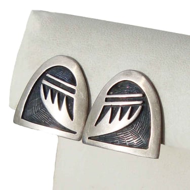 Vintage Hopi Silver Overlay Earrings Prayer Feathers - Dean Siwingyumptewa 