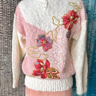 Applique Beaded Sweater Top, Faux Pearls, Embroidery, Pull Over, Vegan, Vintage 80s 90s 