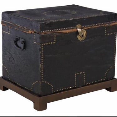 Antique English Victorian Era Watson Brass Tack Studded Black Leather Travel Trunk Luggage Now On Stand Blanket Chest Coffee Table End Table 