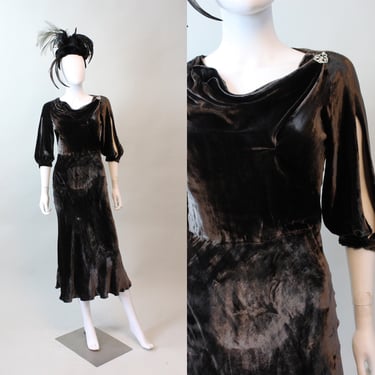 1930s CHOCOLATE silk velvet OPEN SLEEVES dress small | new fall 