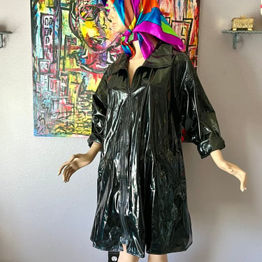 Shiny Raincoat, Black Vinyl, Zipper Front, Swing Coat, Vegan Vintage 