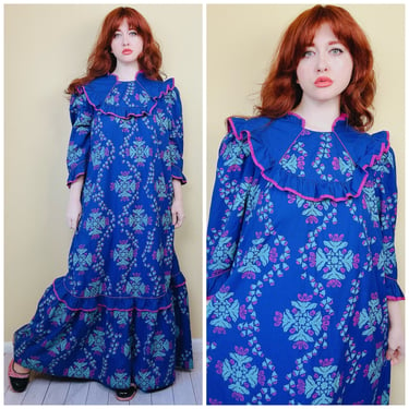1980s Vintage Tori Richards Golden Monarch Floral Print Mumu / 80s Cotton Blend Blue and Purple Ruffled Maxi Dress / XL - 1X 