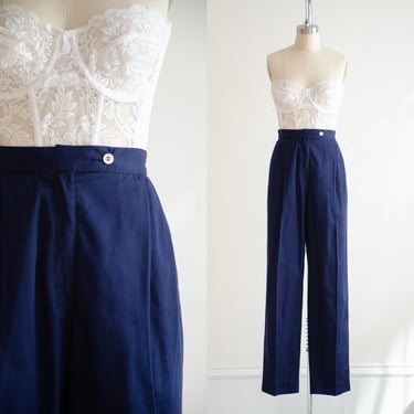 high waisted pants 70s 80s vintage Evan Picone navy blue straight leg trousers 