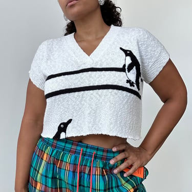 90s Crop Sweater | Penguin Print Sweater | Black White Sweater | Cut Off Sweater Vest | Medium Large 