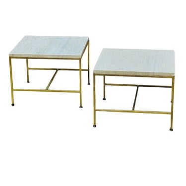 Pair Paul McCobb Brass Frame Side/End Table Travertine Top, 1960