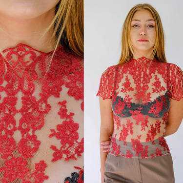 Vintage 90s JIKI of MONTE CARLO Pastel Cranberry Floral Mesh Lace Short Sleeve Mock Collar Blouse | Made in France | 1990s Designer Chic Top 