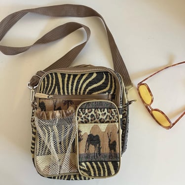 90s Safari Animal Print Patchwork Woven Canvas Utility Crossbody Bag 