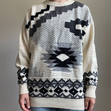 Beylerian Paris Vintage 80s Aztec Southwestern Geometric Wool Oversized Sweater 