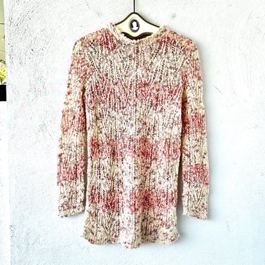 Vintage 70s Style Crochet Sweater 1970s Boho White Pink Lace Shirt Top 