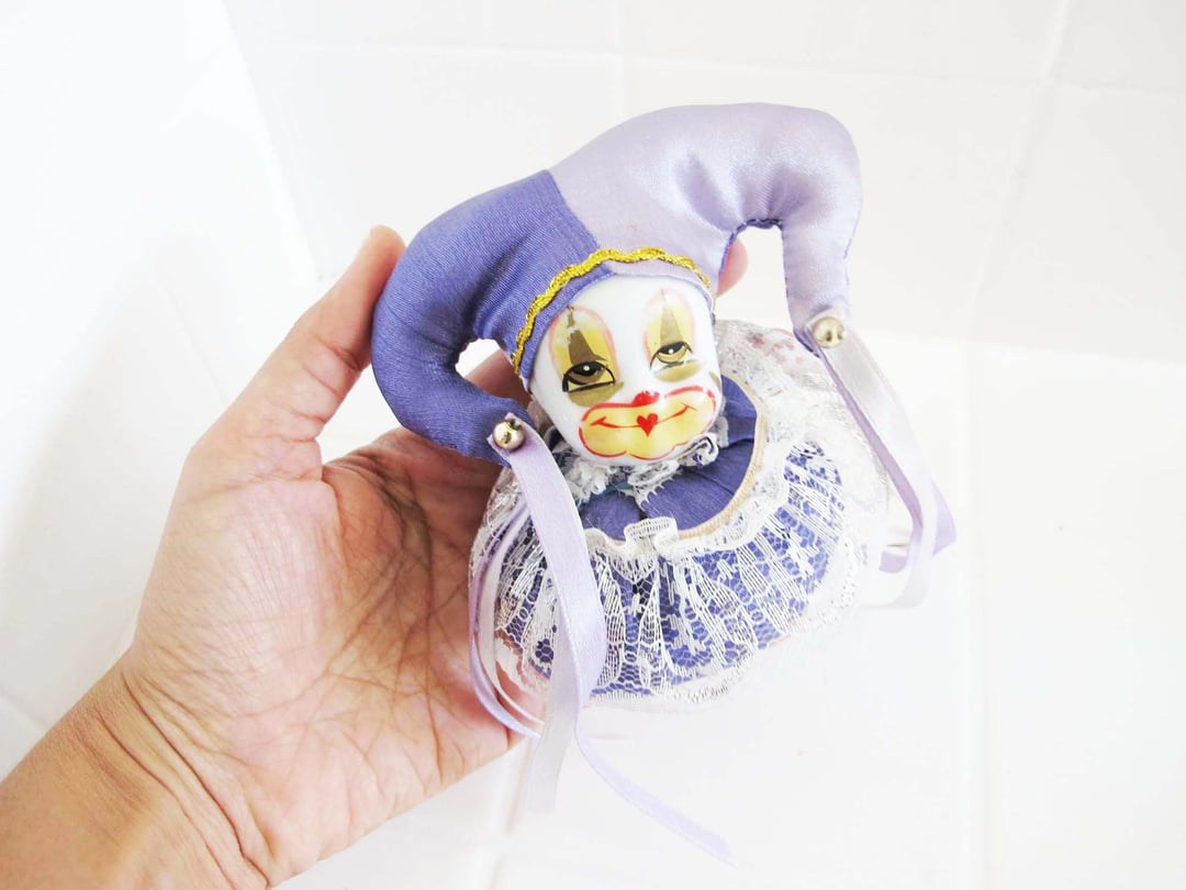 Vintage 80s Harlequin Pierrot Clown Doll Pin Cushion - Small