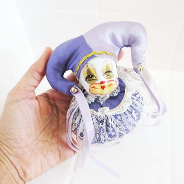 Vintage 80s Harlequin Pierrot Clown Doll Pin Cushion - Small 1980s Purple Baby Porcelain Clown Doll - 80s Home Decor - Friend Gift 