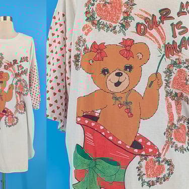 Vintage 80s Novelty Bear Night Shirt - Eighties Valentines Heart Print Oversized T-shirt 