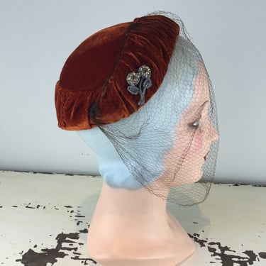 Her Countenance - Vintage 1950's Burnt Rusty Orange Rayon Velvet Caplet Hat w/Veil & Pins 