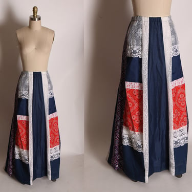 1970s Navy Blue, White and Red Patchwork and Lace A Line Ankle Length Skirt by Carefree Fashions 