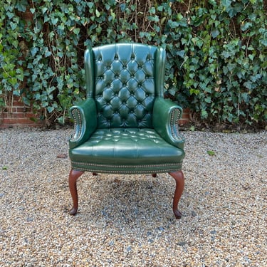 Matching Green Camel Back Leather Chair and Chesterfield