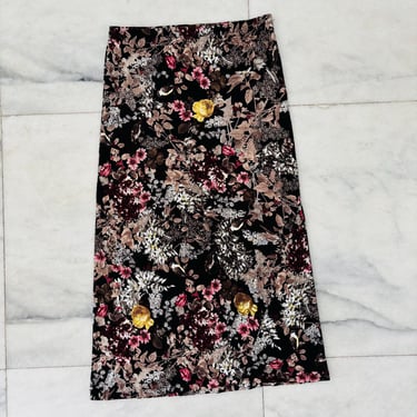 Vintage Womens Skirt Midi Dark Floral Pull On Elastic Waist Large Boho Grunge 