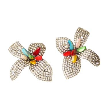 IRADJ MOINI- 1980s Rhinestone &amp; Glass Flower Earrings