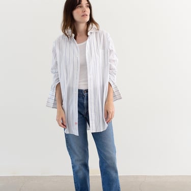 Vintage White Blue Stripe Button up Shirt | Unisex Semi Sheer Brooks Brothers Cotton Woven Work Studio Tunic | L | 