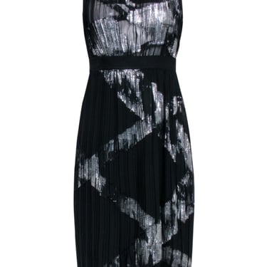 BCBG Max Azria - Black & Silver Print Pleated Sleeveless Dress Sz XXS