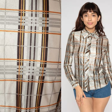 Plaid Disco Shirt 70s Grey Checkered Button Up Blouse Boho Dagger Collar Top 1970 Vintage Collared Long Sleeve Novelty Print Extra Small xs 