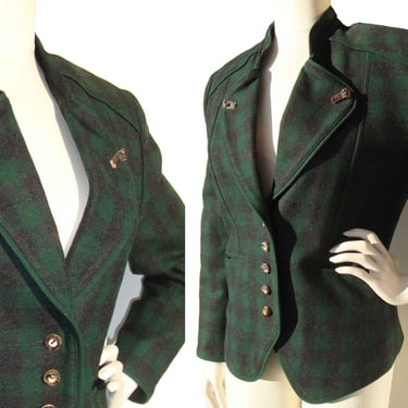 Vintage Gössl Wool Jacket Trachten Green Buffalo Plaid Sz 36 