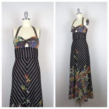 Vintage 1970s floral maxi dress cotton halter border print dark floral boho sundress xs 