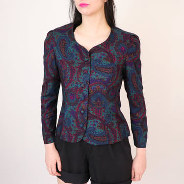 1980s Paisley Blouse/ Vintage Blouse with Shoulder Pads/ Made in the USA Jewel Tone Blouse/ Button Up Boss Lady Blouse/ Size Medium 