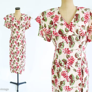 1980s Floral Print Dress | 80s Creme Flowered Rayon Dress | 1940s Style Dress | 40s Dress | Carol Anderson | Size 8 