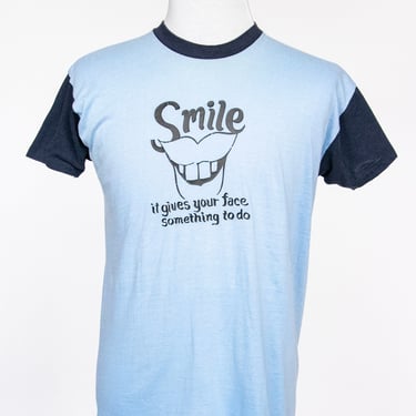 1980s Tee Blue Ringer Smile T-Shirt L 