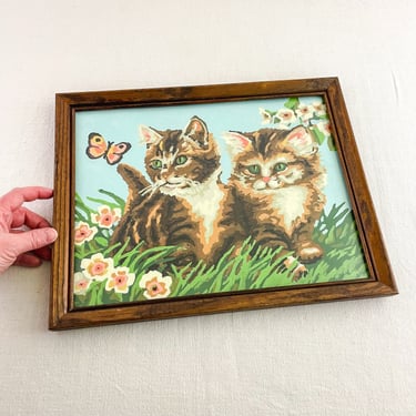 Mid Century Calico Kitten Paint By Number, Vintage Wood Framed Animals PBN 
