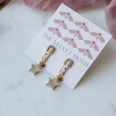 gold star celestial earrings, small dainty safety pin charm earrings, rhinestone micro pave studs, modern gift for her 