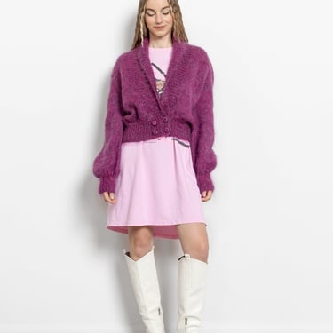 PINK FUZZY GRANNY Batwing Mohair Jumper Sweater Handmade Loose Weave Sheer Pink Cardigan / Medium 