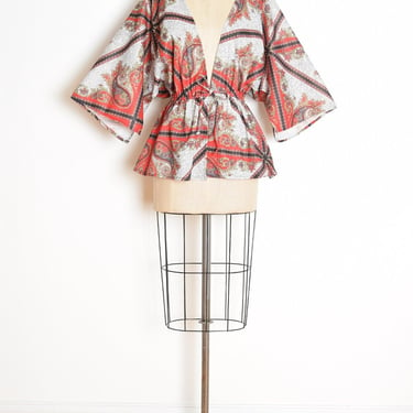 vintage 70s top jacket scarf print bell sleeve kimono shirt blouse hippie boho clothing 