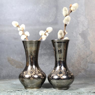 Pair of Vintage Indian Brass Bud Vases | Etched Brass Bud Vases | Vintage Patina | Bixley Shop 