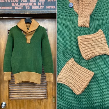 Vintage 1930’s Two-Tone Wool Shawl Collar Athletic Sweater, Original, 30’s Vintage Clothing 