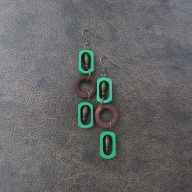 Long green geometric wooden earrings 