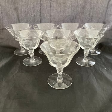 Set of 2 Art Deco Floral Etched 4 OZ Cocktail Coupe Glasses, Tiffin Franciscan, Mid Century Modern Martini Glasses, Antique Champagne Saucer 