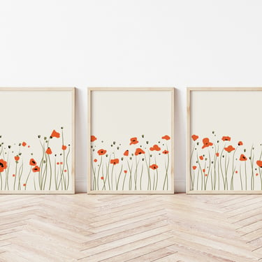 Poppy Art Print Set, Minimalist Wall Art, Set of 3 Prints, Living Room Wall Art, Botanical Print Set, Wall Decor, 3 Piece Wall Art 