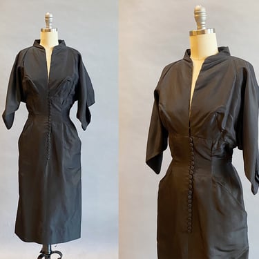 1950s Black Silk Dress / Samuel Winston Dress / Dior New Look Style Dress / 1950's Cocktail Dress / Size XS Extra Small 