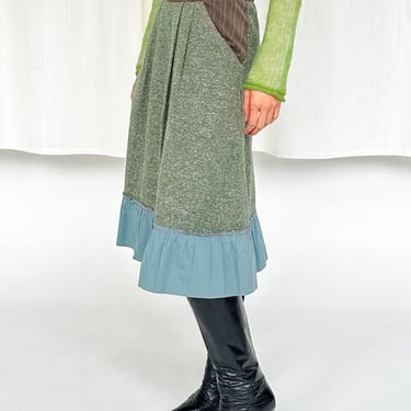Green Tweed Ruffle Midi Skirt (S)