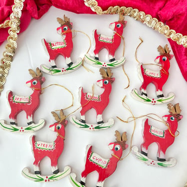 Eight Reindeer Ornaments, Painted Wood, Vintage Christmas Tree Holiday Decor, Santa Reindeer, Dasher Dancer Prancer and others 