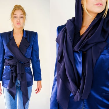 Vintage 80s Gianfranco Ferre Jewel Blue Silk Power Blazer w/ Silk Chiffon Scarf Lapel | Made in Italy | 100% Silk | 1980s Designer Jacket 