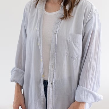 Vintage White Blue Stripe Button Down Shirt | Unisex Semi Sheer Cotton Work Studio Tunic | L | 