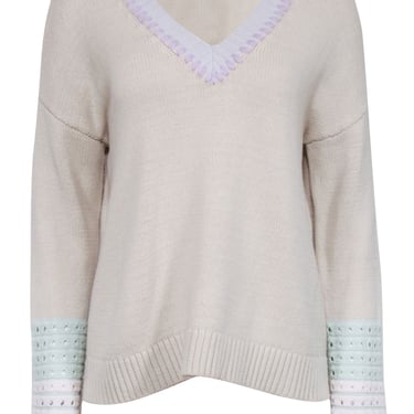 Lisa Todd - Cream Cotton Blend Sweater w/ Whipstitch Trim & Crochet Cuffs Sz M