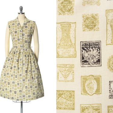 Vintage 1950s 1960s Shirt Dress | 50s 60s Stamp Novelty Print Cotton Day Dress Sage Green Fit Flare Button Up Shirtwaist Sundress (small) 