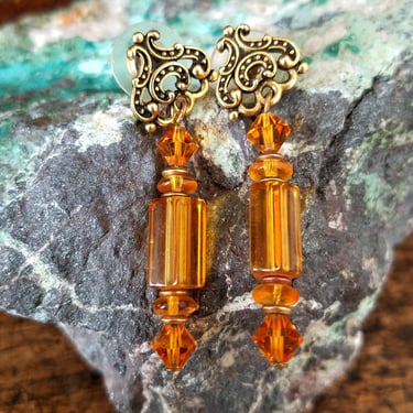 Yellow Glass & Brass Earrings~Vintage Dangle Earrings~Honeycomb Yellow Glass, Swarovski Crystals~Artisan Jewelry~JewelsandMetals 